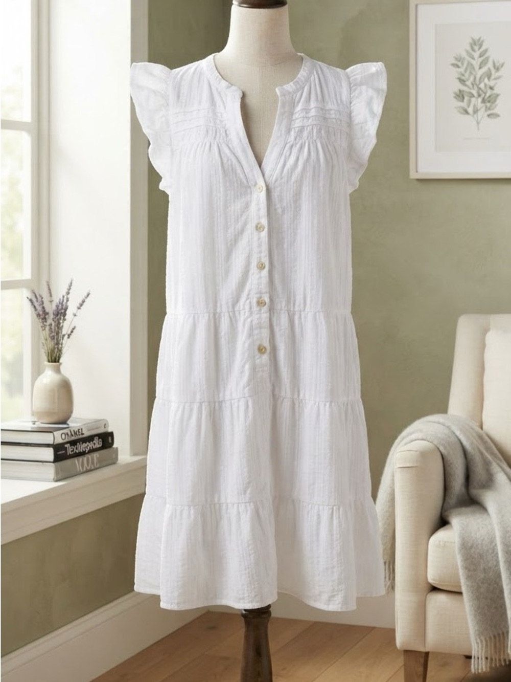 LOFT White Tiered Button-Front Midi Dress with Ruffle Cap Sleeves